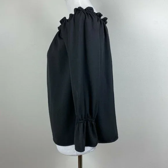 Lulus Top S Off The Shoulder Black Ruffle 3/4‎ Sleeve Solid Dressy Blouse - Picture 7 of 10
